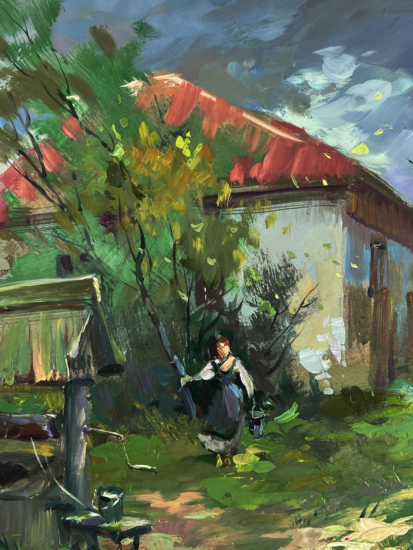 Oil painting by Yuriy Suprunchuk: woman in blue dress waters village well garden