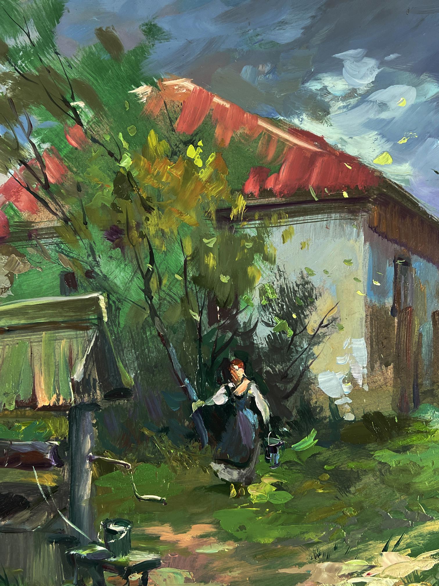 Oil painting by Yuriy Suprunchuk: woman in blue dress waters village well garden