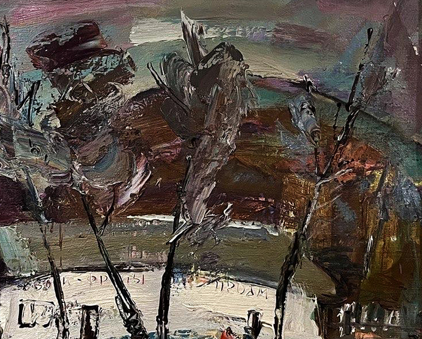 Oil painting Once upon a time in the village by Oleksandr Andreev, abstract expressionist textured brushstrokes in earthy browns, muted greens, deep purples