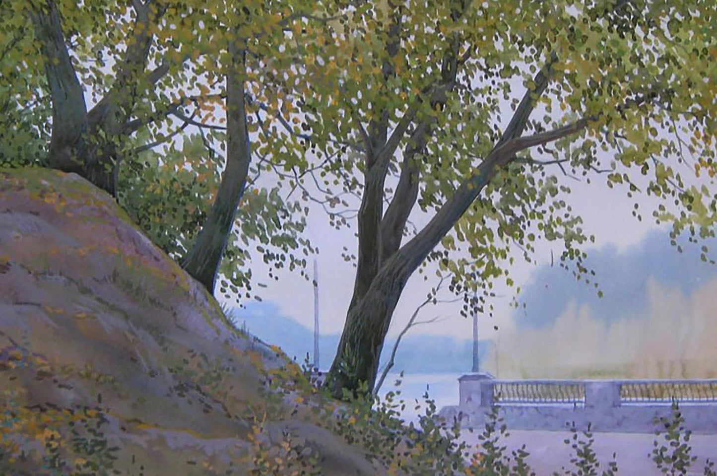 Serene watercolor painting Autumn morning by Valery Savenets, tree by water