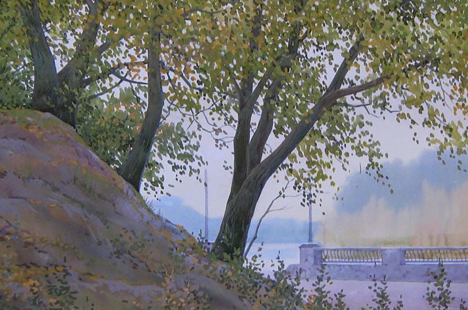 Serene watercolor painting Autumn morning by Valery Savenets, tree by water