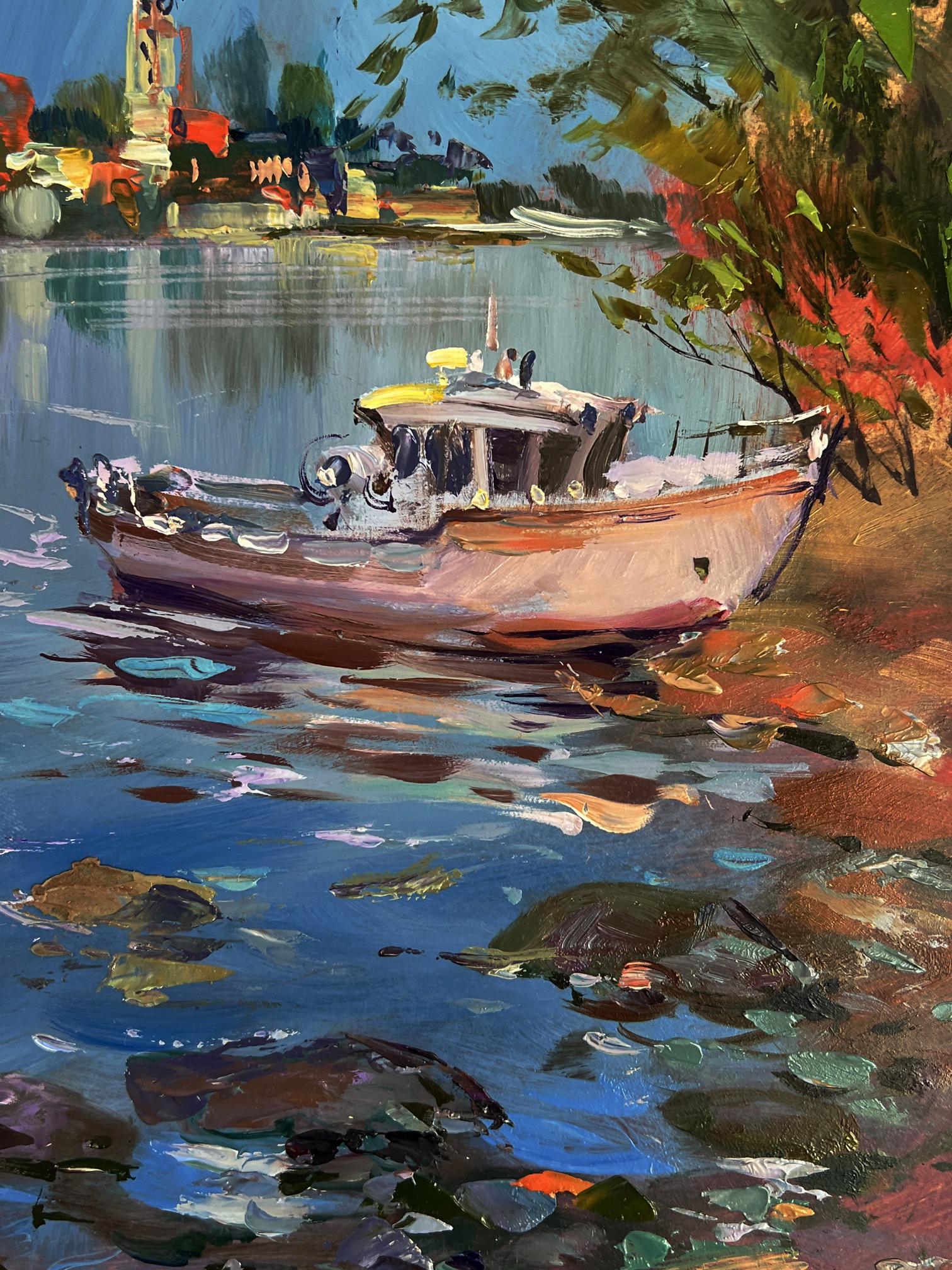 Oil painting of rustic wooden fishing boat near shore by Yuriy Suprunchuk