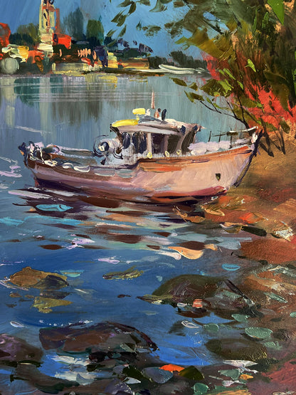 Oil painting of rustic wooden fishing boat near shore by Yuriy Suprunchuk