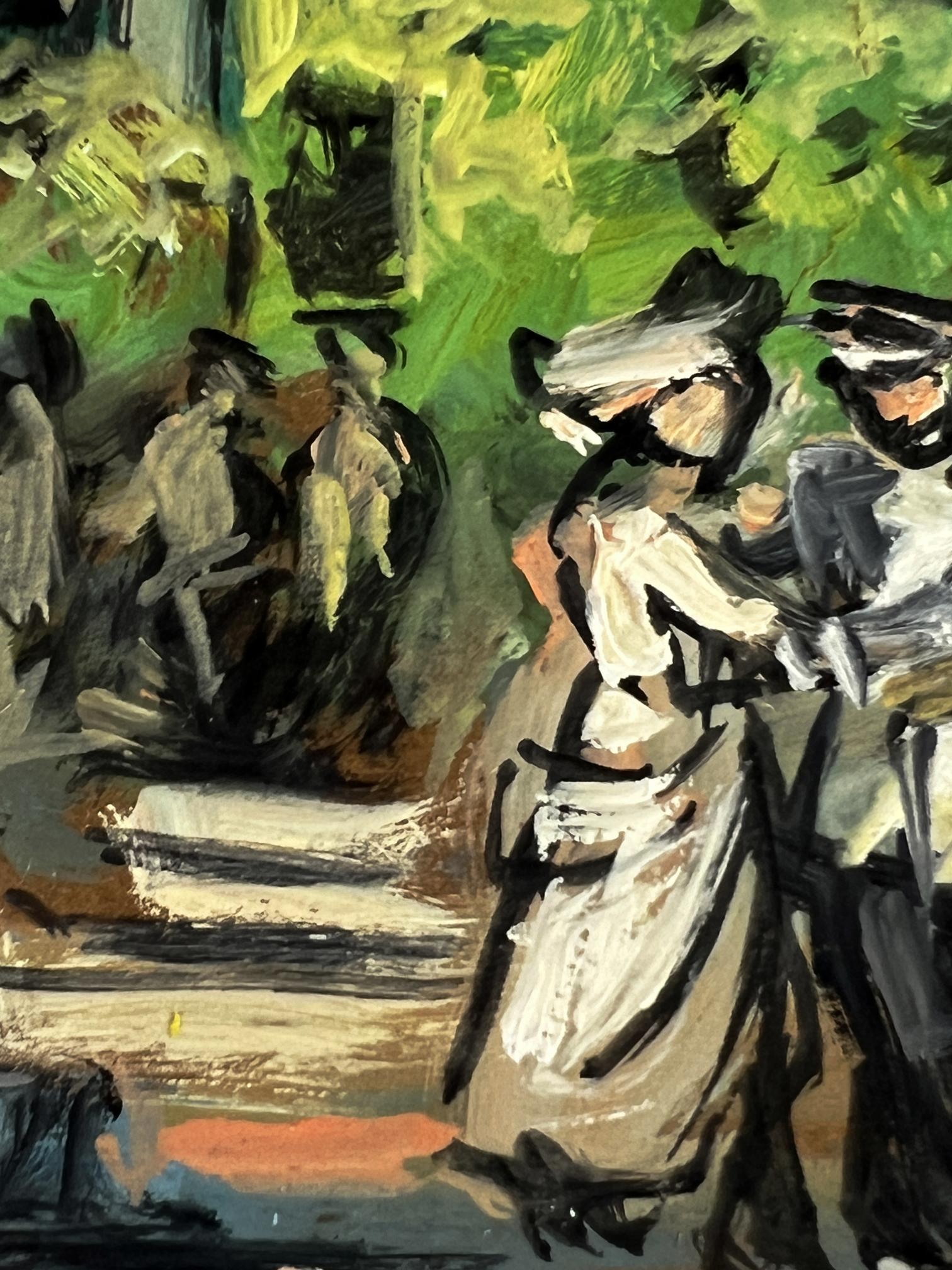 Vibrant impressionist oil painting of soldiers gathering in park by Alexander Litvinov