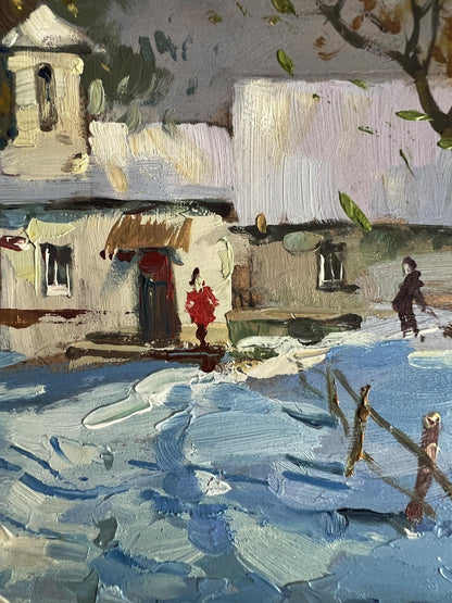 Oil painting by Yuriy Suprunchuk: snowy village after winter snowstorm