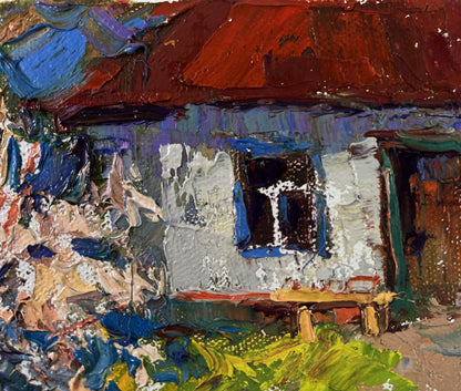 Rustic white house with red roof in Oksana Ivanyuk oil painting