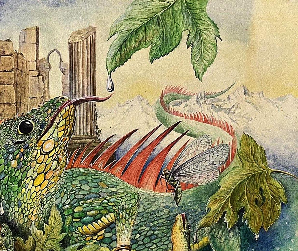 Vibrant green yellow scaled lizard watercolor painting by Dmytro Startsev