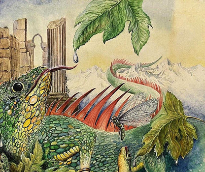 Vibrant green yellow scaled lizard watercolor painting by Dmytro Startsev