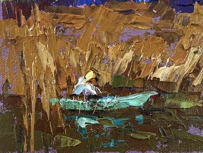 Oil painting Evening on the River by Oksana Ivanyuk: boat in teal waters, cliffs