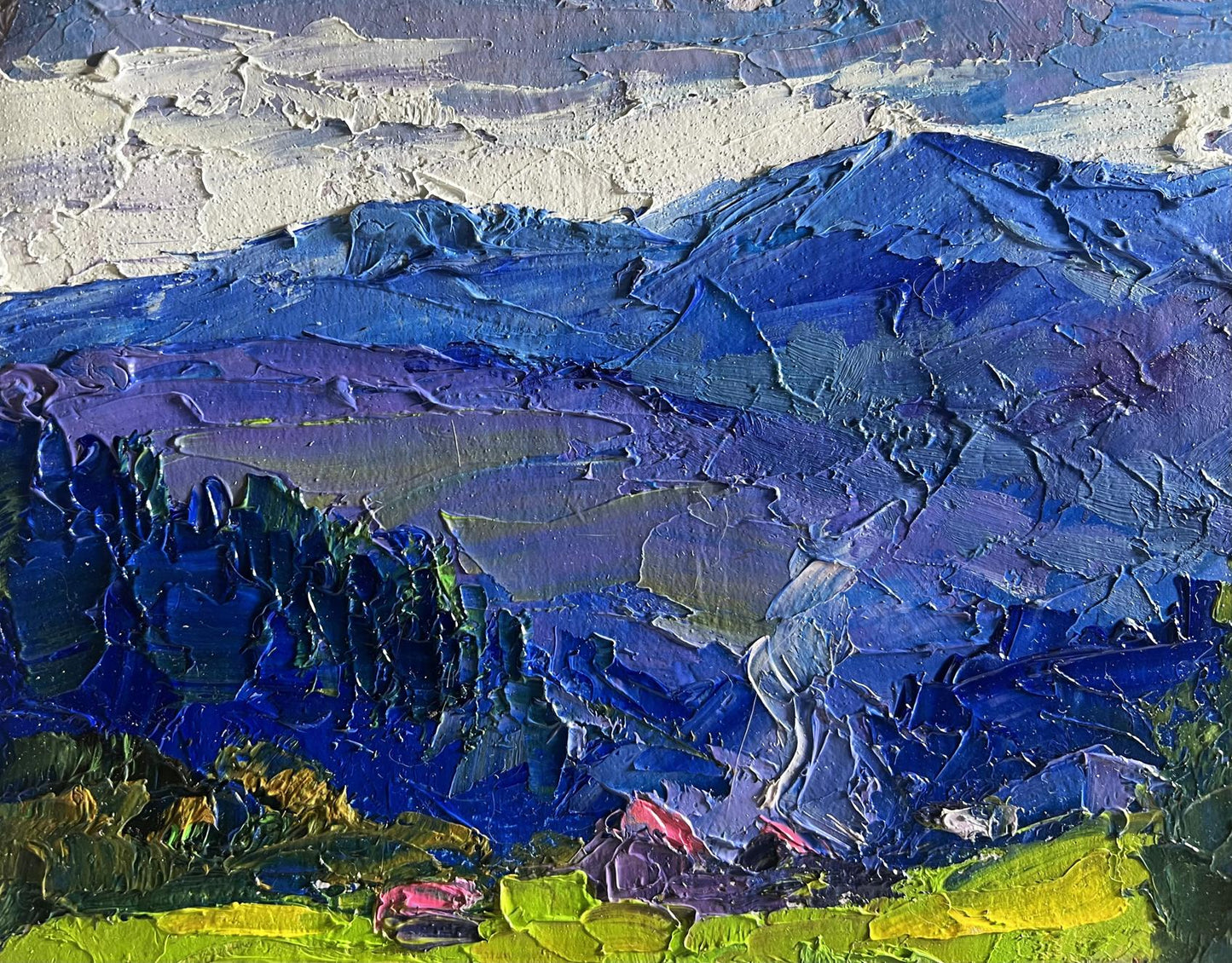 Oil painting Village in the mountains by Boris Serdyuk with blue peaks