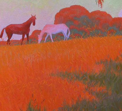 Oil painting Summer evening in the meadows by Valery Savenets: orange field with horses