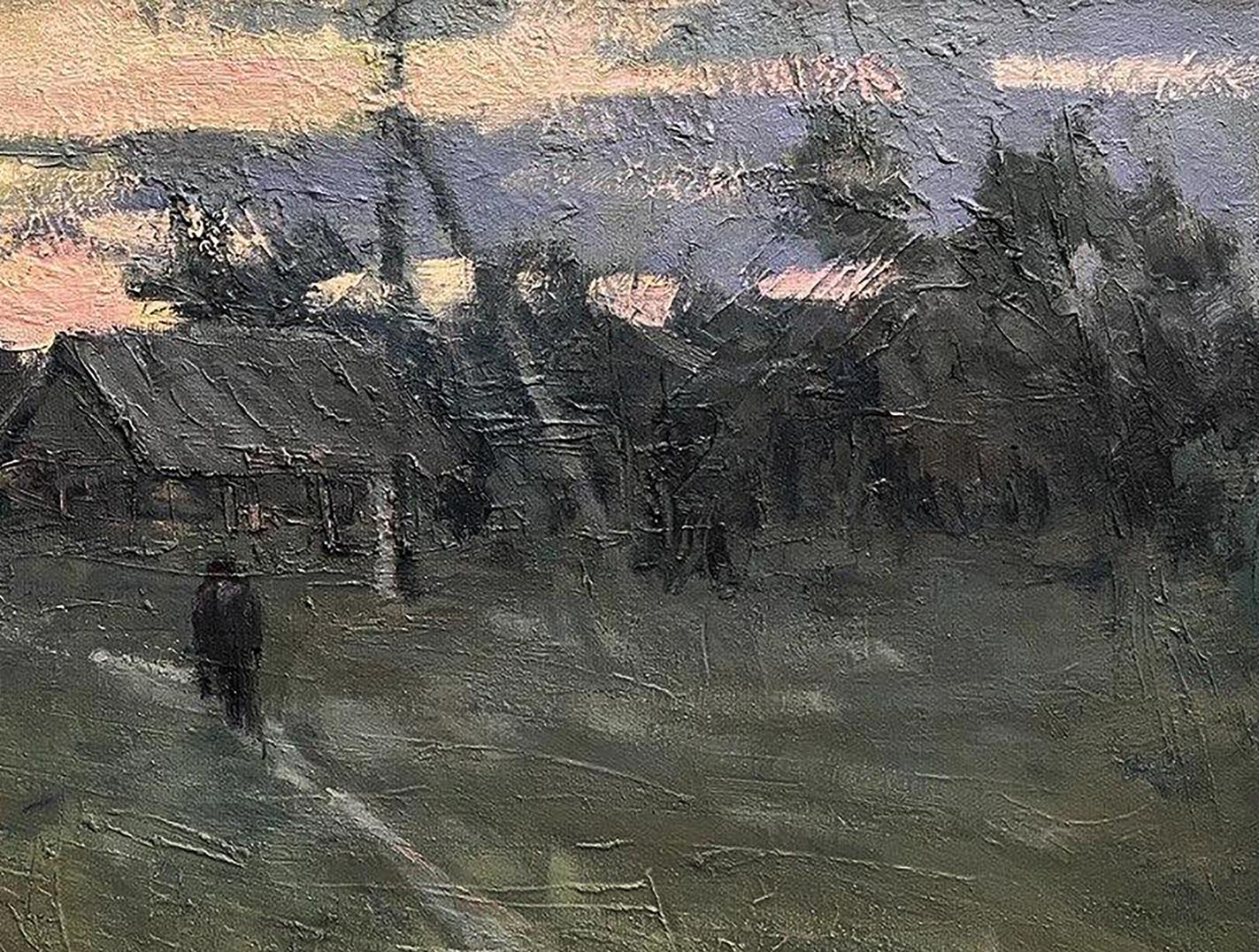 Textured oil painting Cold September by Volodymyr Pashchenko rural dusk landscape