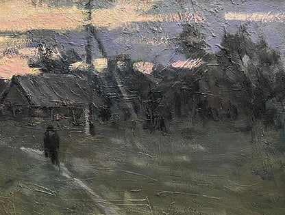 Textured oil painting Cold September by Volodymyr Pashchenko rural dusk landscape