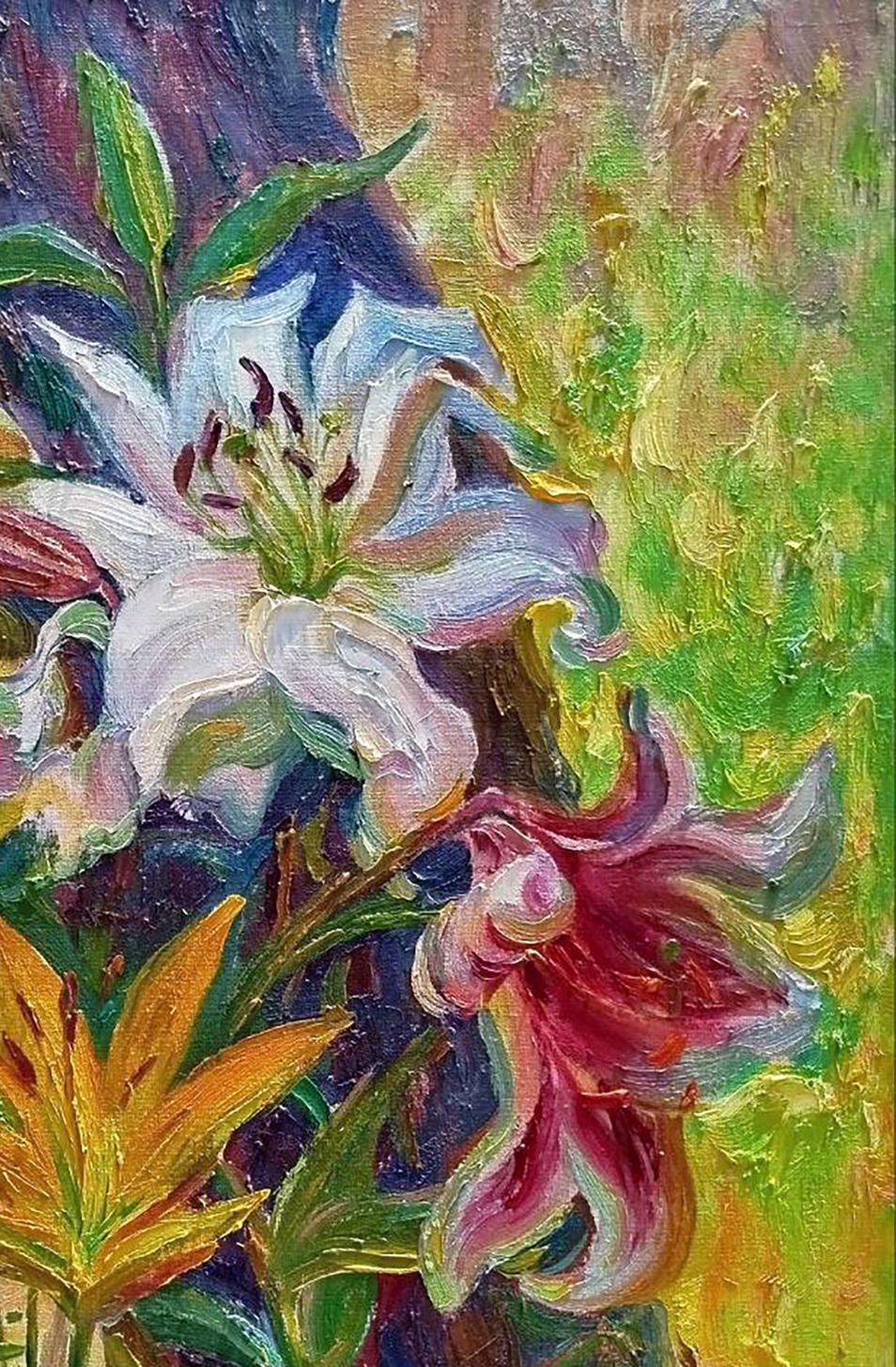 Oil painting Blooming lilies by Leonid Pavlenko with pink lilies and green leaves