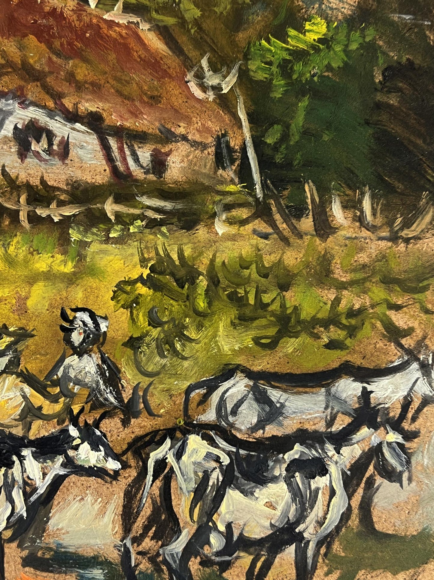 Oil painting of village cows grazing in field by Alexander Litvinov