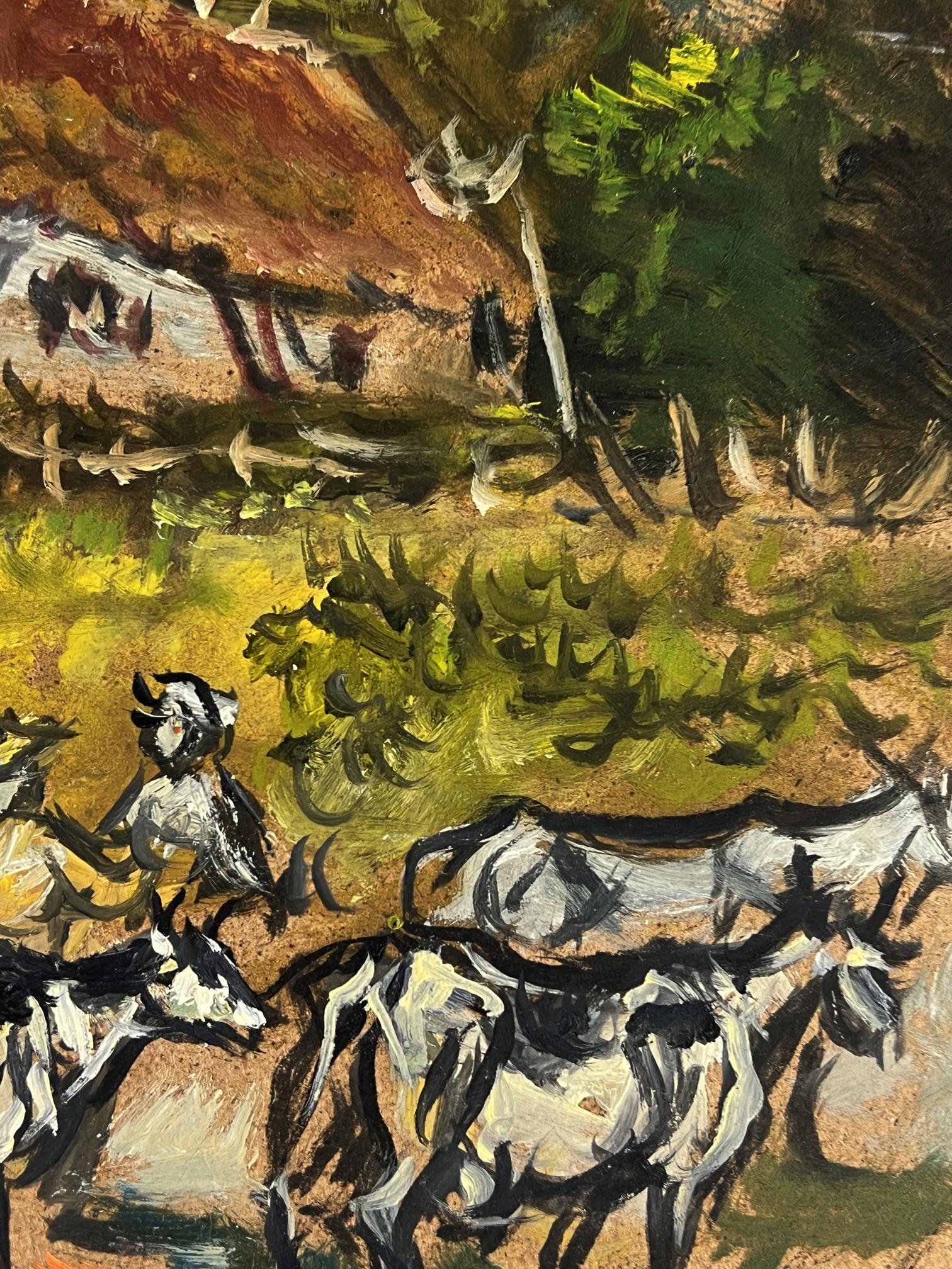 Oil painting of village cows grazing in field by Alexander Litvinov