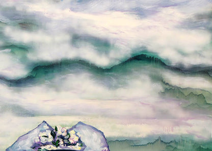 Oil painting Distant close by Igor Konovalov: misty mountains, pink flowers on purple rock