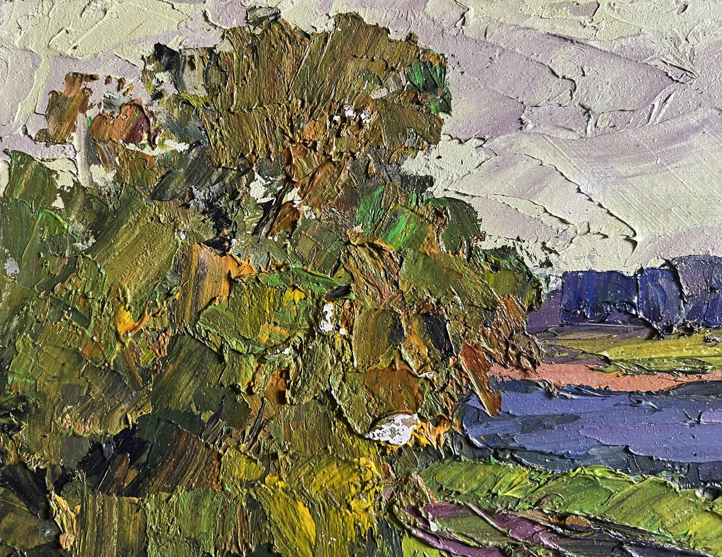 Textured impasto oil painting of road near river by Boris Serdyuk