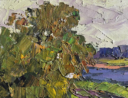 Textured impasto oil painting of road near river by Boris Serdyuk