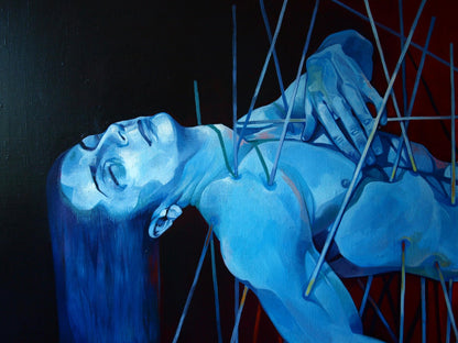 Oil painting Bhishma Konsta G. Amelinn: blue figure restrained on black red background