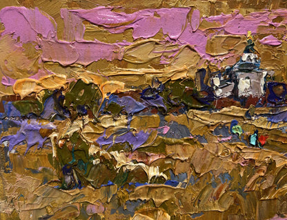 Oil painting Autumn steppes by Oleksiy Ivanyuk in gold and pink tones