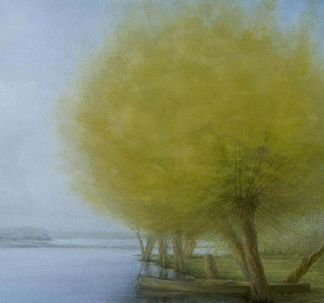 Oil painting Quiet river bank by Vasily Korkishko: solitary tree by calm water