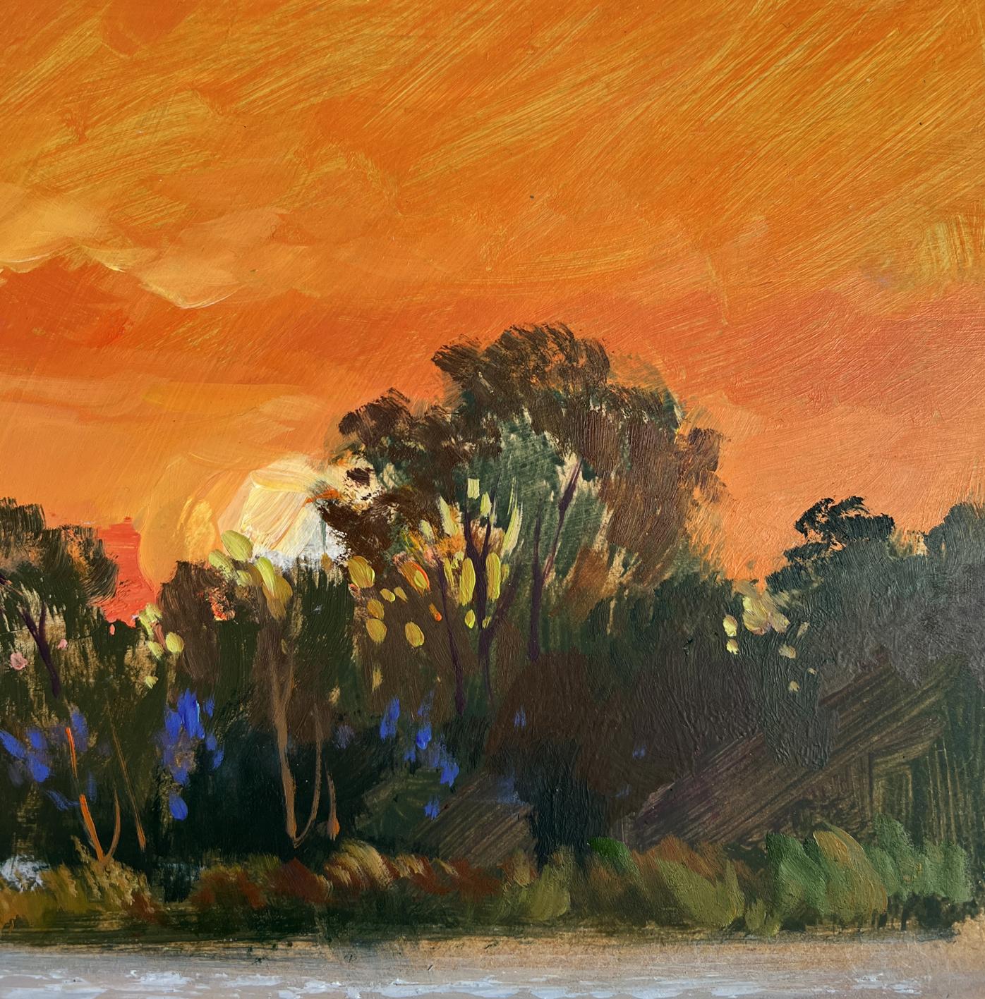Oil painting of mesmerizing crimson sunset by Yuriy Suprunchuk over lush forest