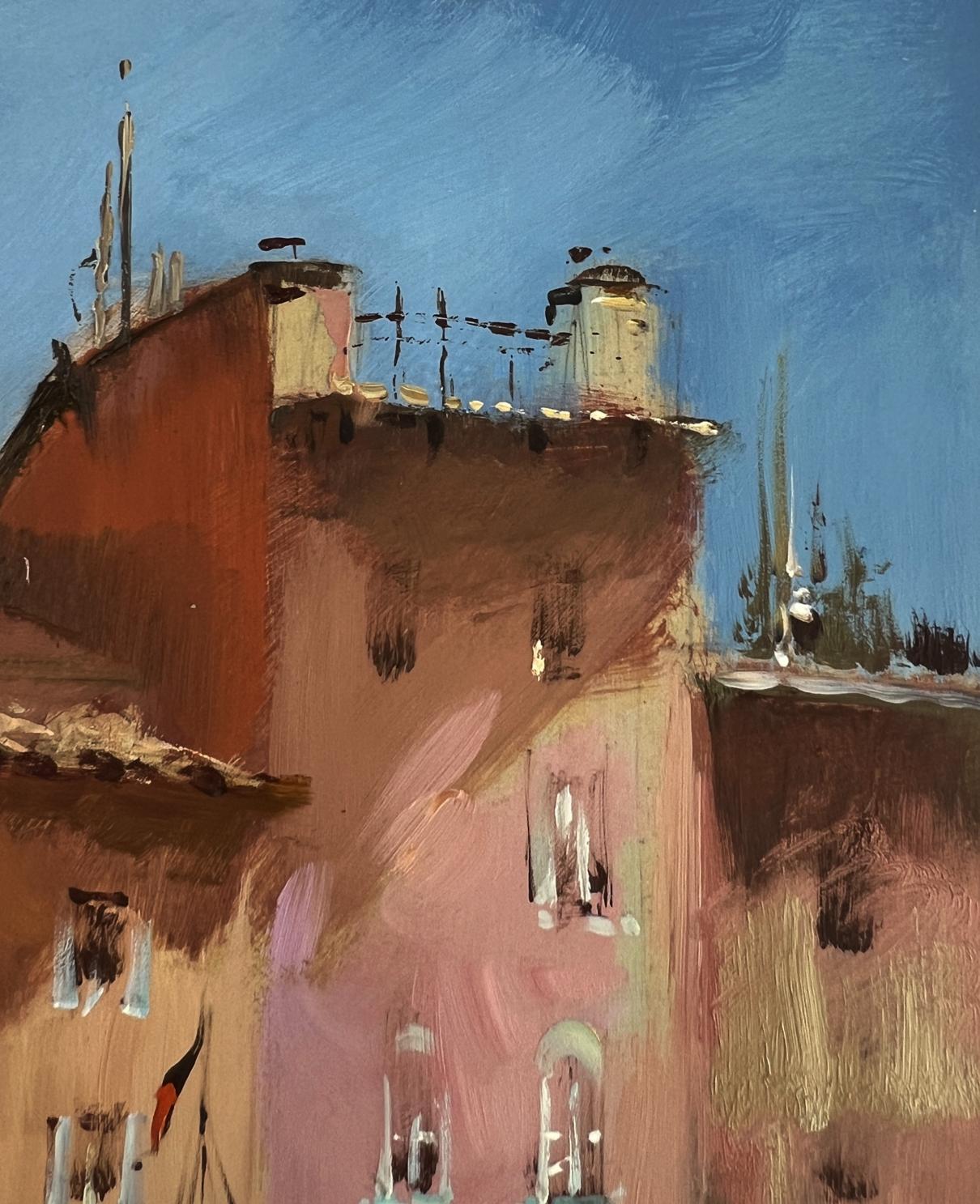 Oil painting by Yuriy Suprunchuk: terracotta building under blue sky