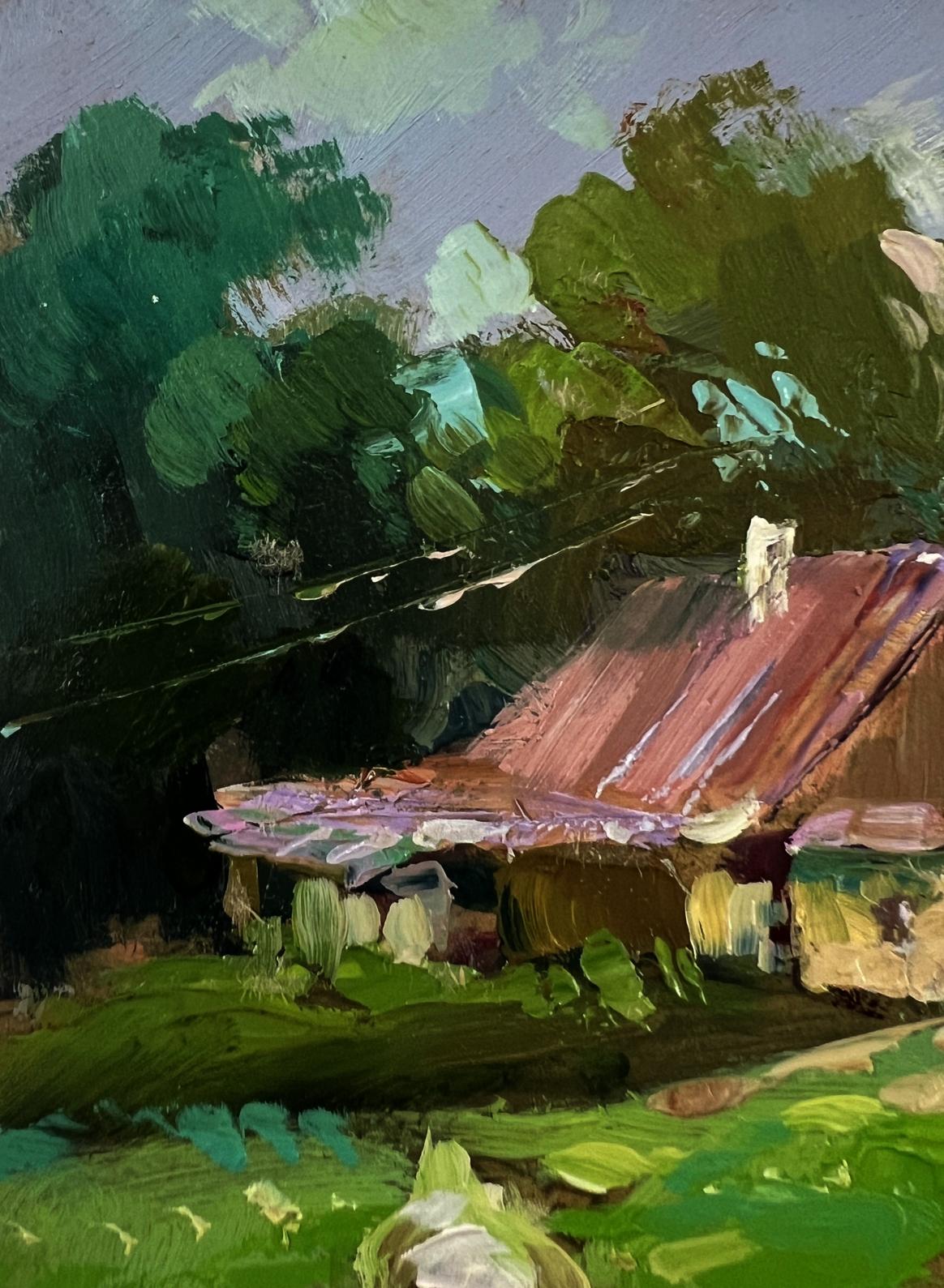 Oil painting of rustic wooden house with geese in village by Yuriy Suprunchuk