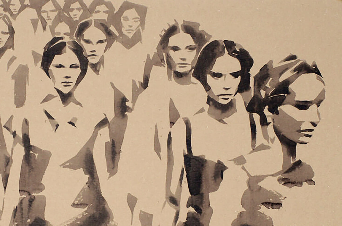 Stylized black-and-white ink painting of layered womens faces by Dima Filatov