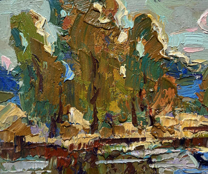 Oil painting Outside the city by boat by Oksana Ivanyuk impasto landscape