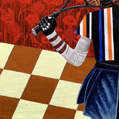 Gloved hand holding black tennis racket in Focus on the Goal painting by Akintomide Akinshola