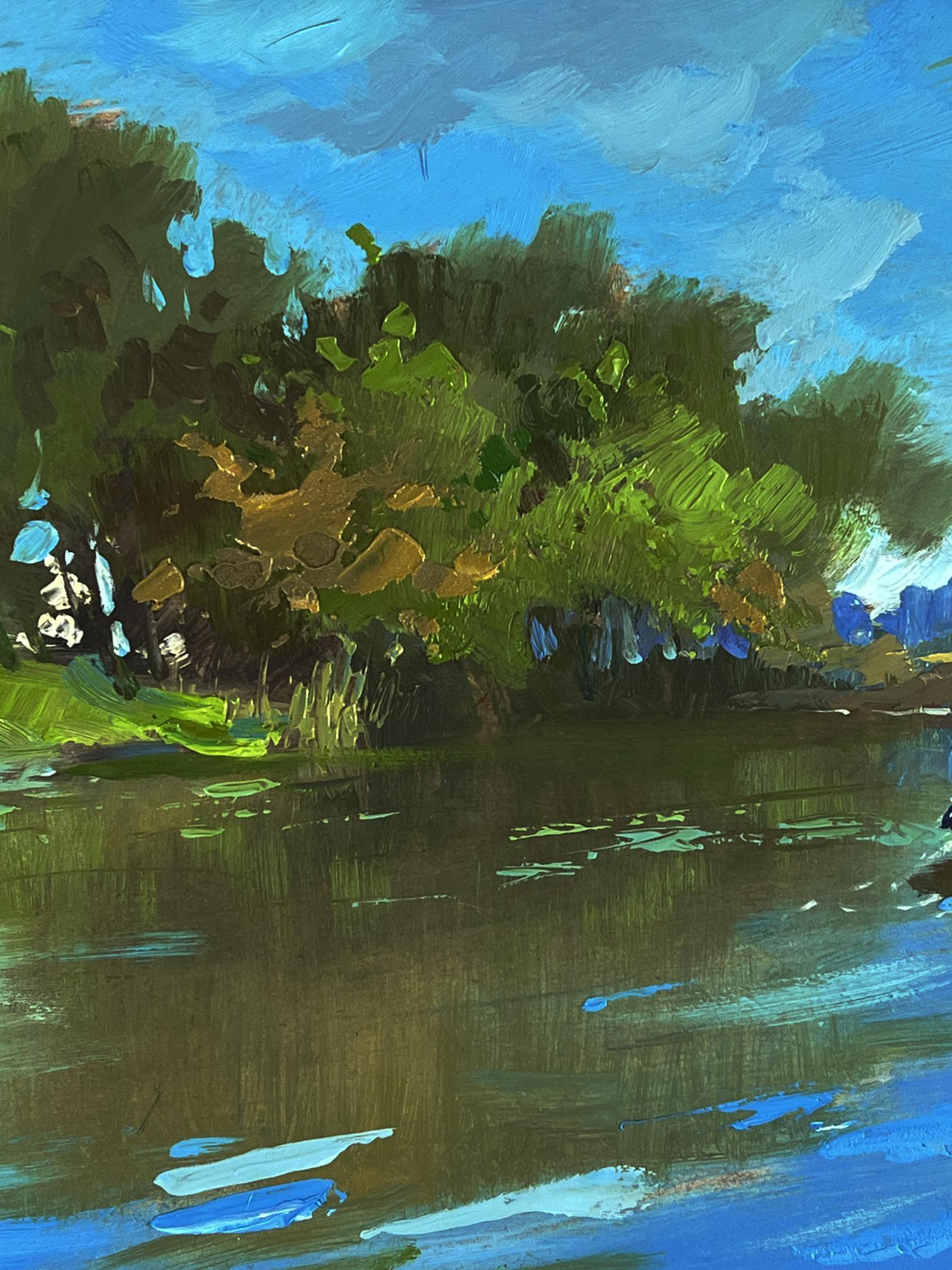 Vibrant impressionist oil painting by Yuriy Suprunchuk: boats in lush green riverbank