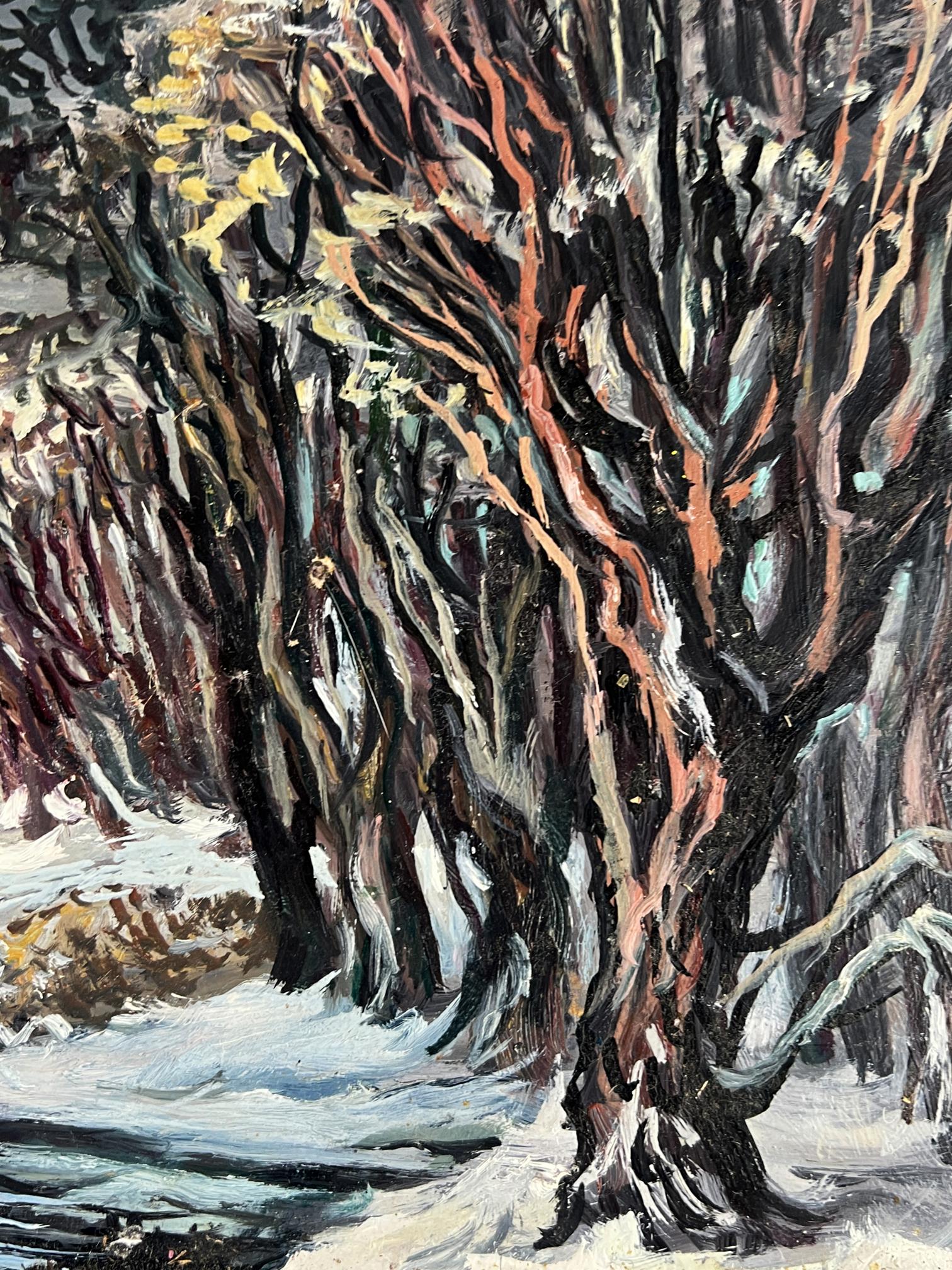 Oil painting of winter forest stream with gnarled snowy trees by Alexander Litvinov