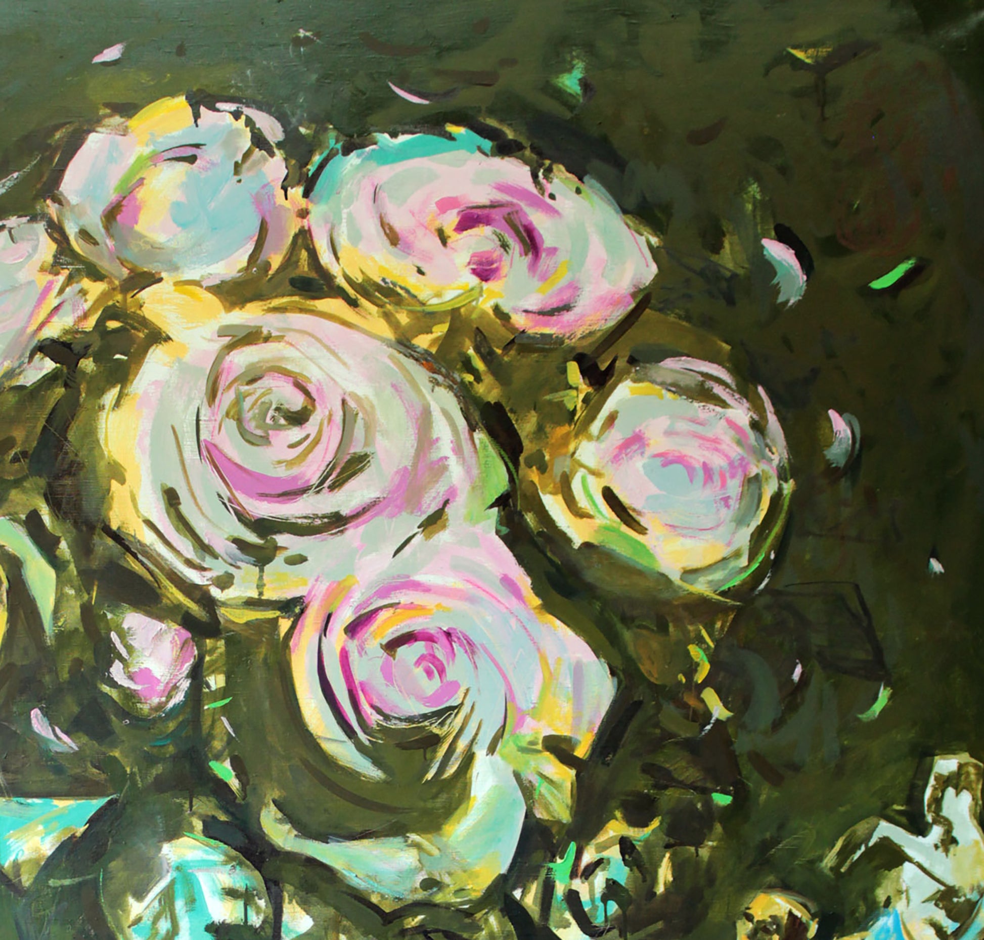Vibrant abstract oil painting of pastel roses by Ovation Ed Potapenkov