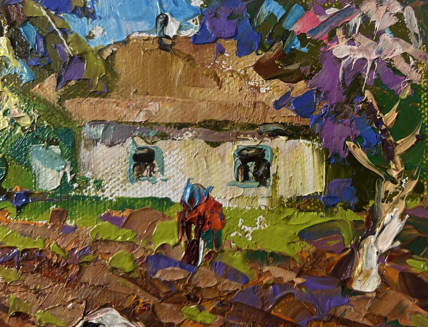 Oil painting The sky is blue and the spring by Oleksiy Ivanyuk: white cottage in purple foliage