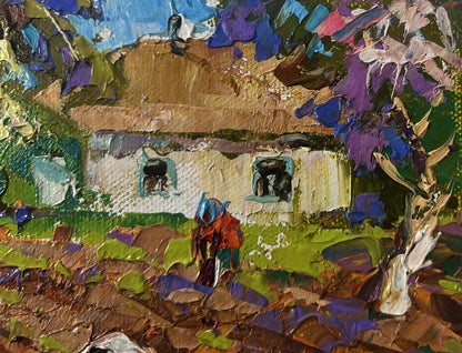 Oil painting The sky is blue and the spring by Oleksiy Ivanyuk: white cottage in purple foliage