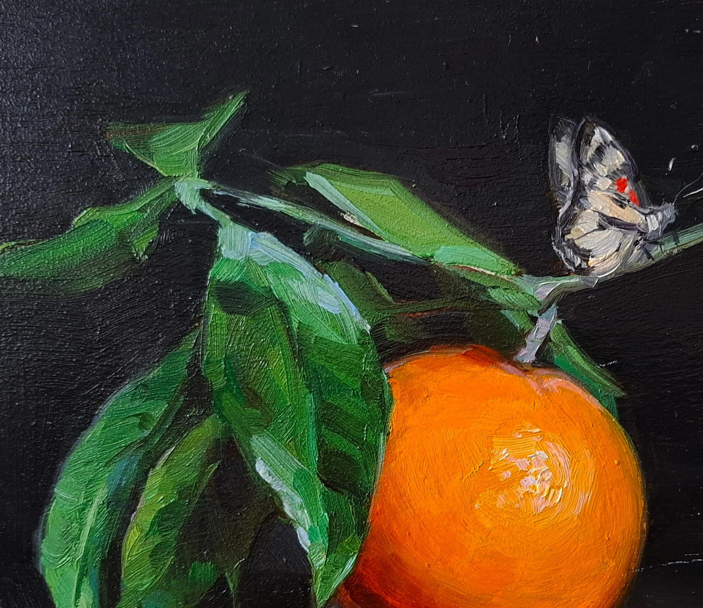 Oil painting of orange citrus fruit and butterflies by Vyacheslav Pereta