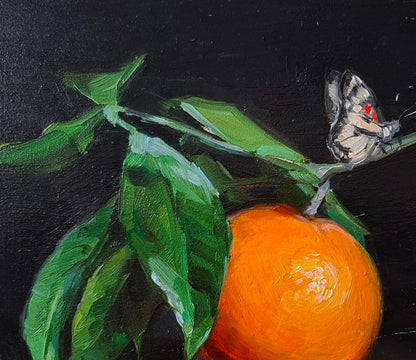 Oil painting of orange citrus fruit and butterflies by Vyacheslav Pereta