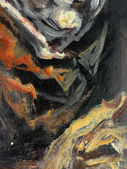 Oil painting portrait of Alexander Litvinov in abstract black, orange, yellow strokes