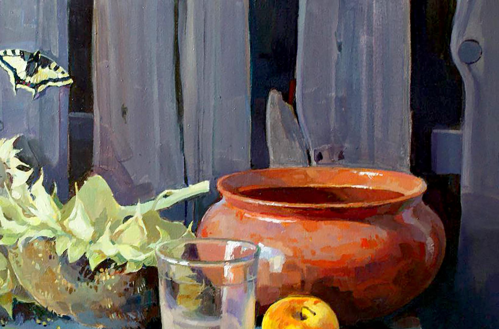 Oil painting by August Anastasia Yaroshevich of rustic terracotta pot