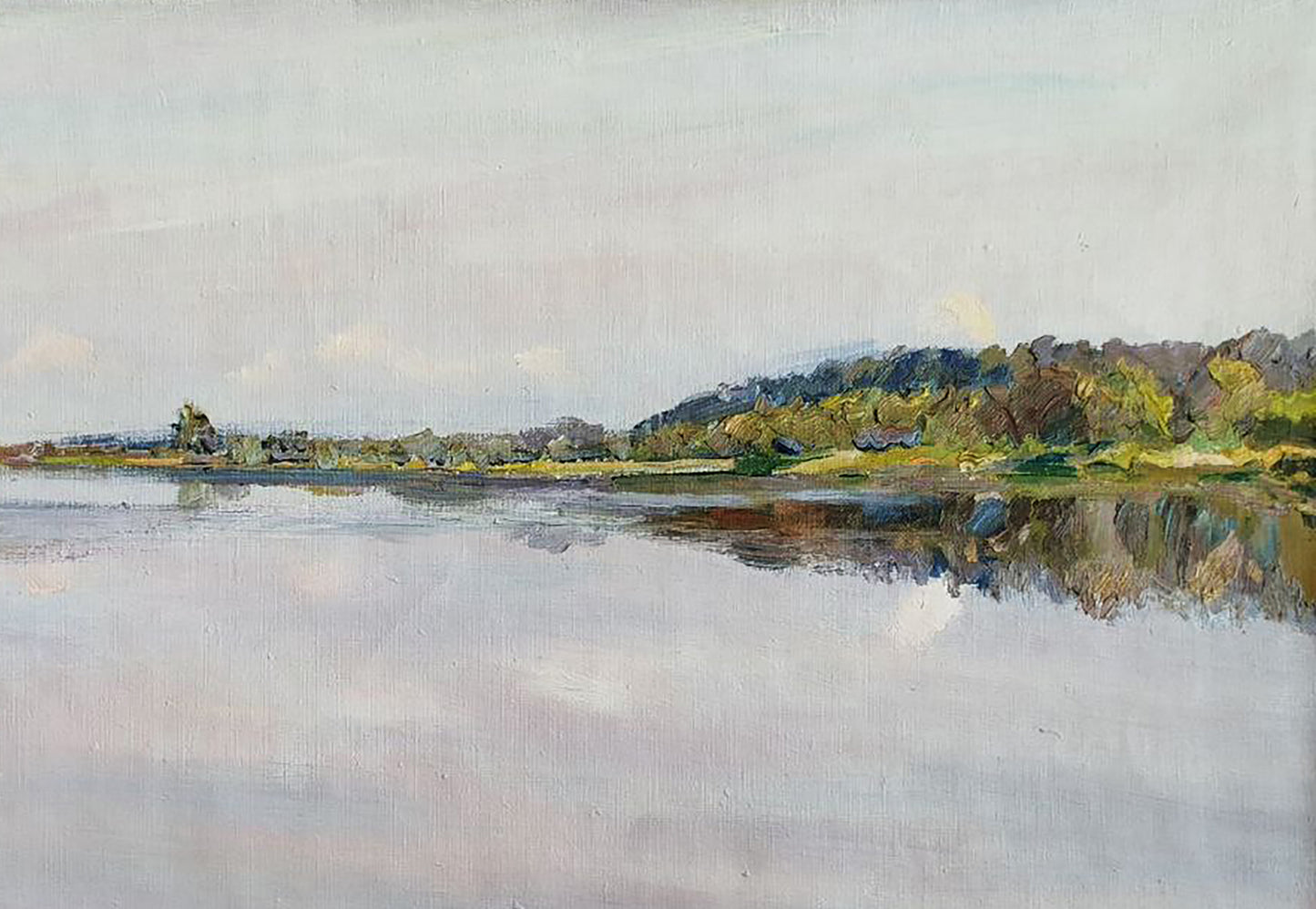 Serene oil painting Silence by Leonid Pavlenko, calm water and hills