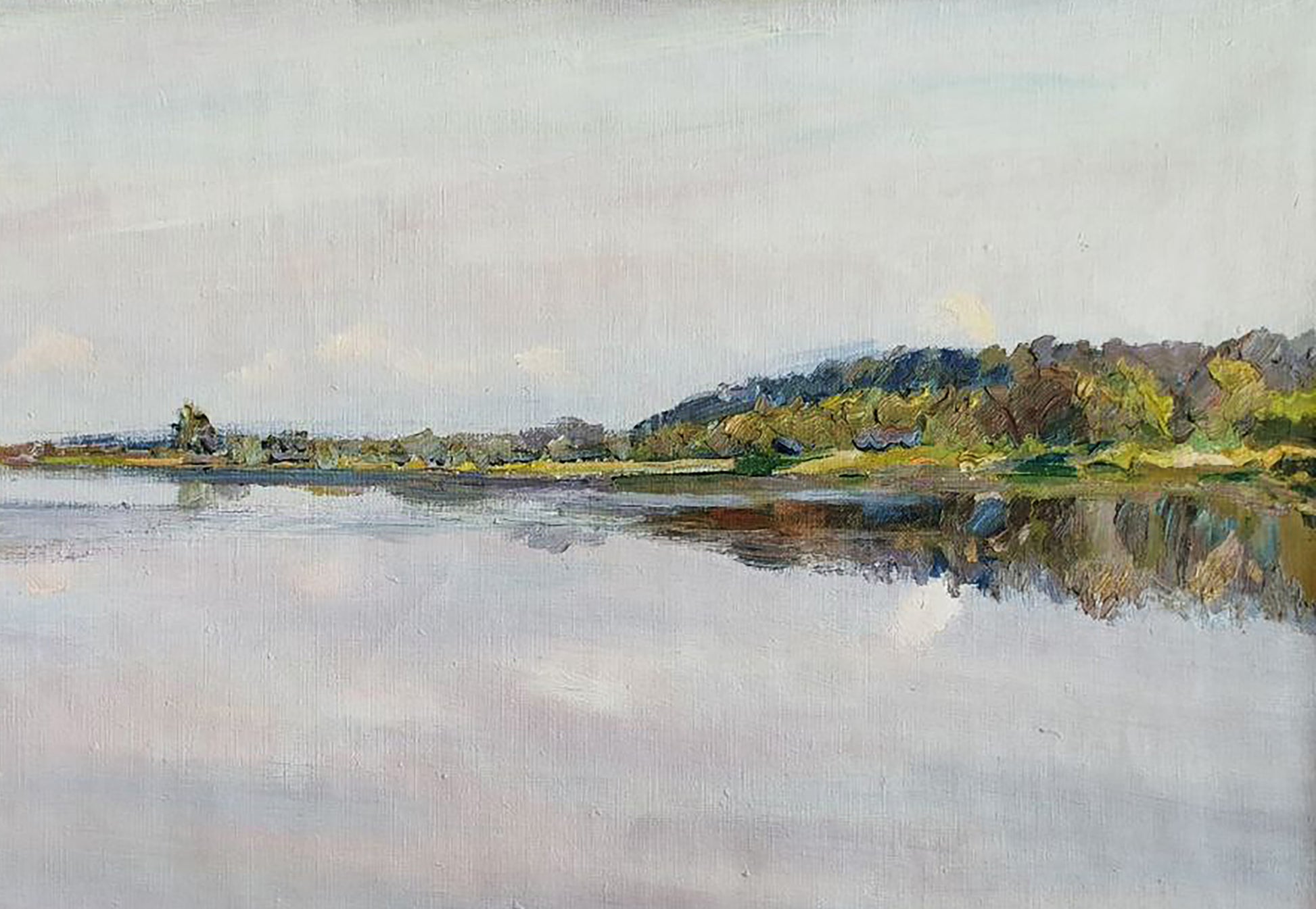 Serene oil painting Silence by Leonid Pavlenko, calm water and hills