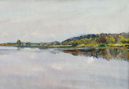 Serene oil painting Silence by Leonid Pavlenko, calm water and hills