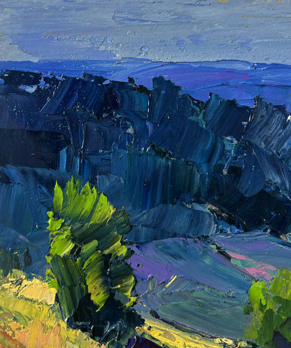 Oil painting The river flows along the forest by Boris Serdyuk with vibrant blues, purples and lime green bush