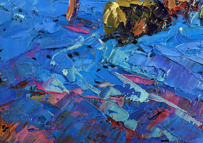 Vibrant blue, pink, gold abstract landscape oil painting The path to your home by Oleksiy Ivanyuk