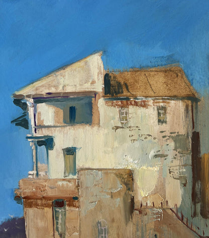Oil painting Waiting for the Tide by Yuriy Suprunchuk, weathered beige building