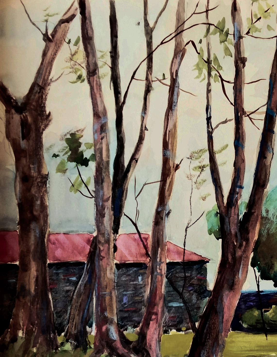 Watercolor painting of slender trees framing stone buildings by Vitaly Duhnevich