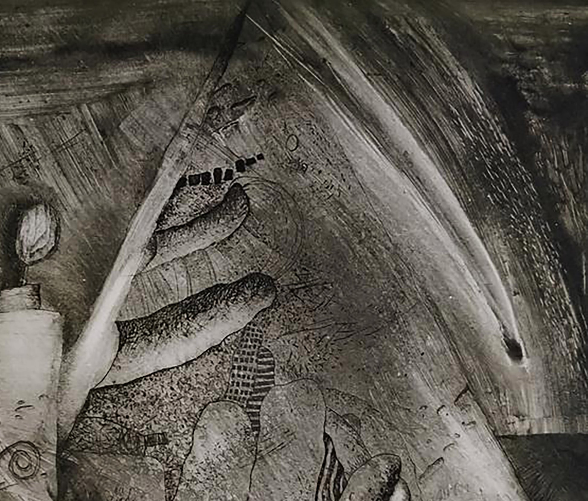 Abstract monochrome charcoal etching by unknown artist Canon