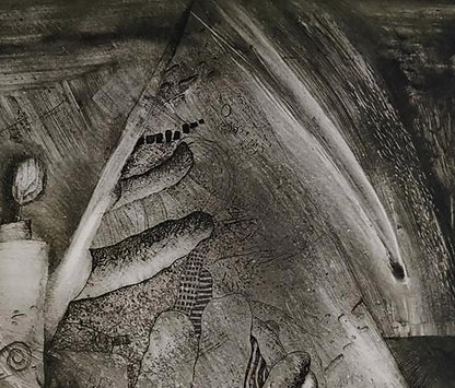 Abstract monochrome charcoal etching by unknown artist Canon